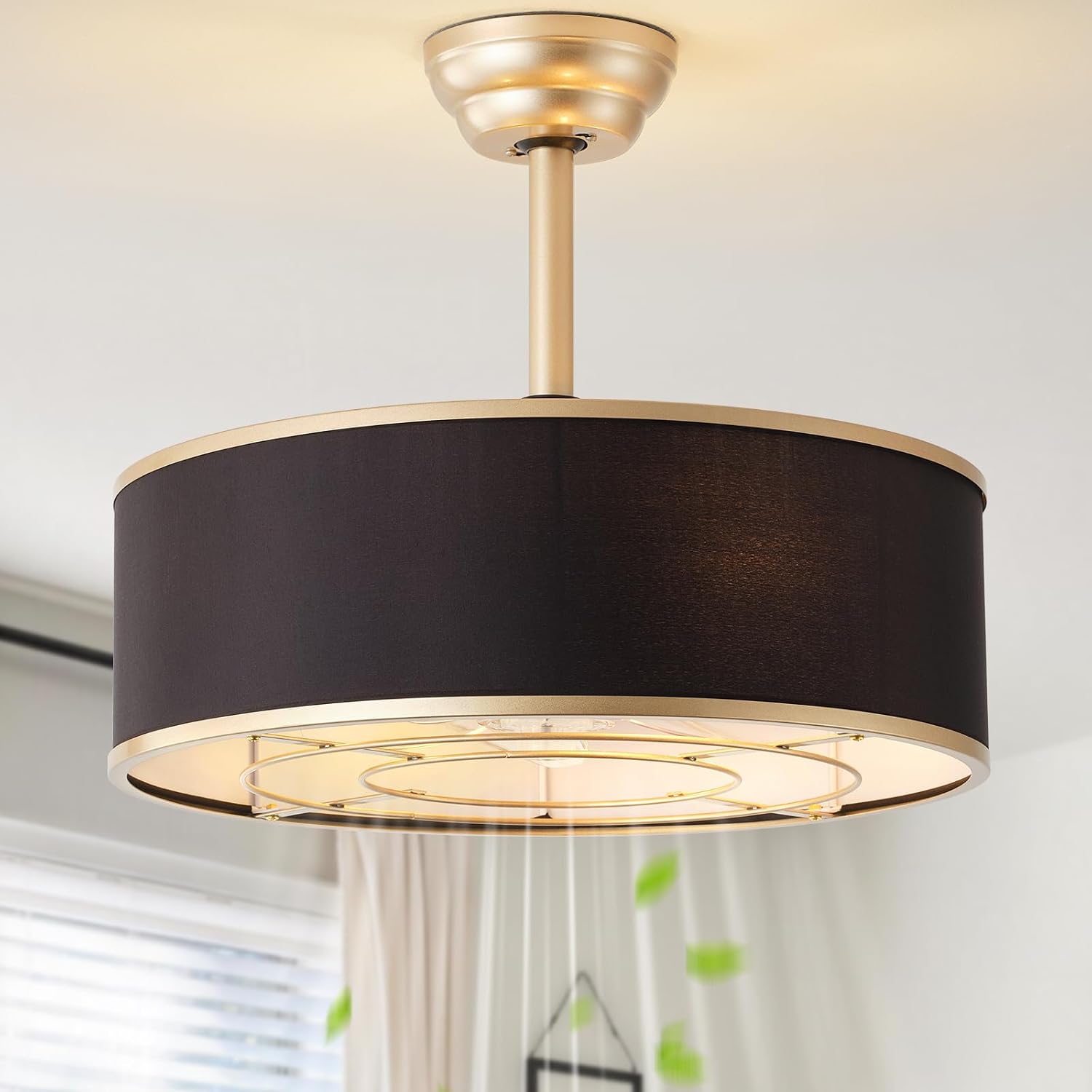 20' Black and Gold Caged Boho Fandelier Ceiling Fan with Light & Remote Control - Bladeless Chandelier Fan, 6 Speed Quiet Reversible Motor for Bedroom, Nursery, Living Room