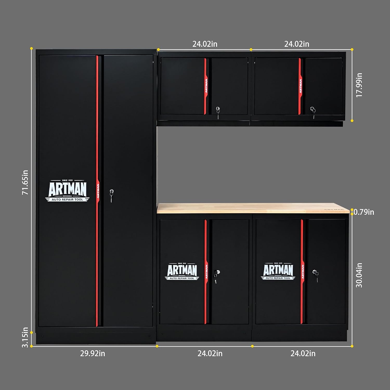 Pre-Assembled Garage Storage Cabinet System, No Assembly Required, 6-Piece Workshop Cabinet Set in Black & Red with LED Lights, Wood Worktop, Key Locks, Adjustable Doors and Legs