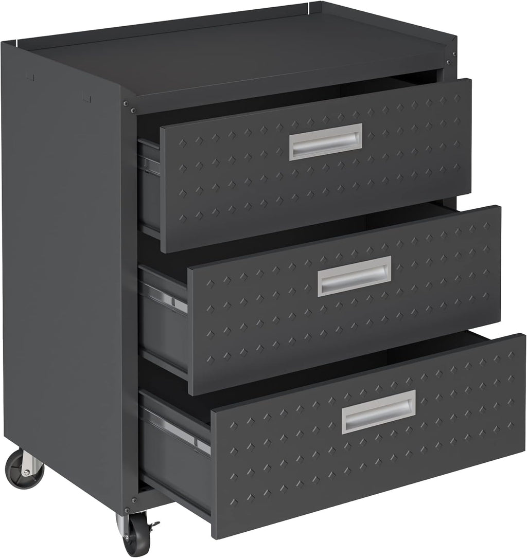 Manhattan Comfort Fortress 31.5-Inch Rolling Garage Tool Chest, 3-Drawer Lockable Mobile Storage Cabinet, Diamond-Textured Steel Utility Organizer with Wheels for Basement, Workshop in Charcoal Grey