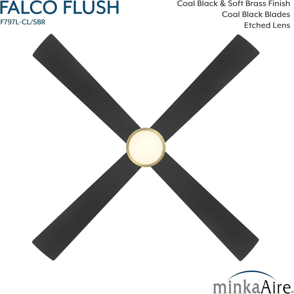 MINKA-AIRE F797L-CL/SBR Falco 54' 4-Blade LED Flush Mount Ceiling Fan - Coal and Soft Brass Finish with Etched Lens