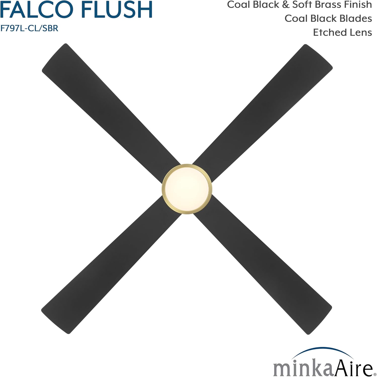 MINKA-AIRE F797L-CL/SBR Falco 54' 4-Blade LED Flush Mount Ceiling Fan - Coal and Soft Brass Finish with Etched Lens