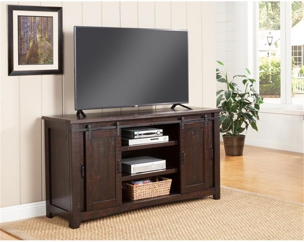 Martin Svensson Home 65' Solid Pine Wood Entertainment Center with Storage. Rustic TV Stand for TVs up to 70.' Sliding Doors, Adjustable Shelves & Cable Management – Espresso Finish
