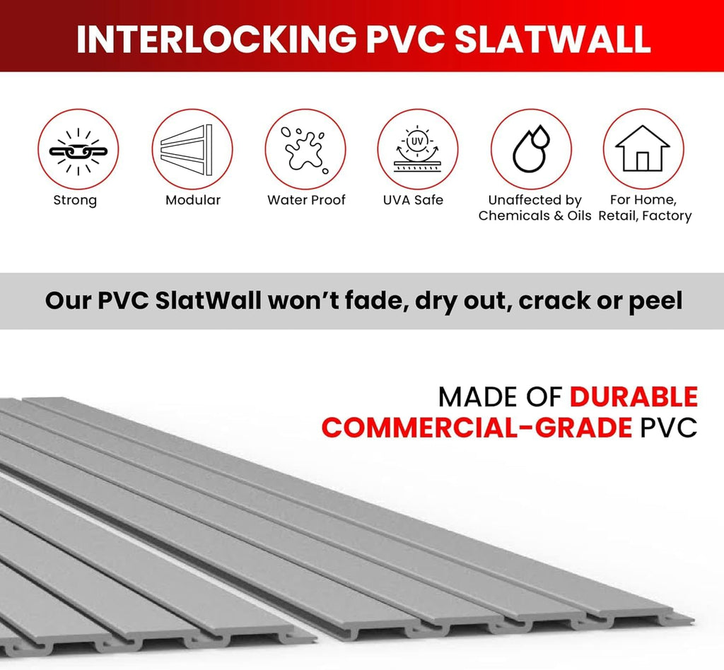 Heavy Duty 8x4 PVC Garage SlatWall Storage System (with Endcaps & Screws) - Modular Slat Wall Paneling for Garage Wall Organizer - Interlocking SlatWall Panels for Home & Commercial Use (White)