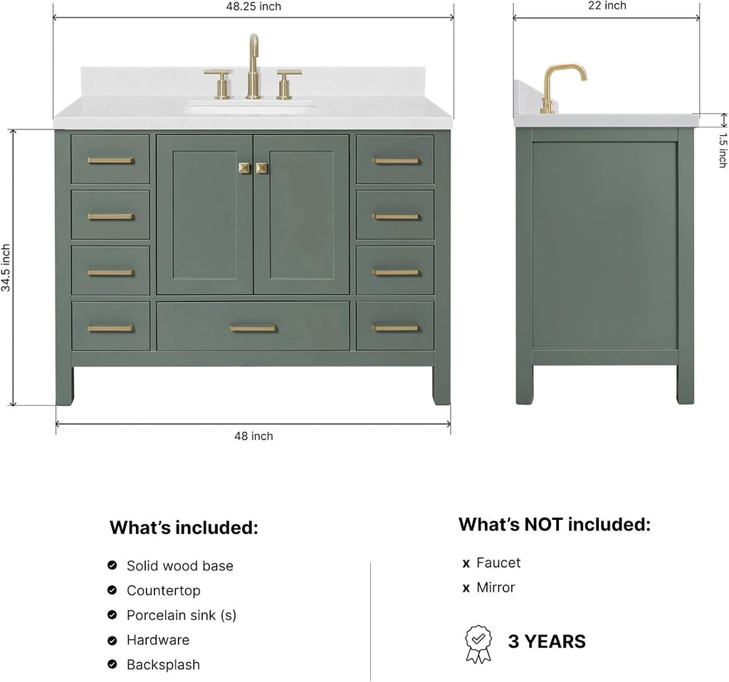ARIEL Cambridge 48-inch Bathroom Vanity with Sink,Solid Wood, 1.5-inch Carrara White Quartz Countertop, Single Rectangular Porcelain Sink, 2 Soft Closing Doors, 9 Dovetail Drawers, Vintage Green