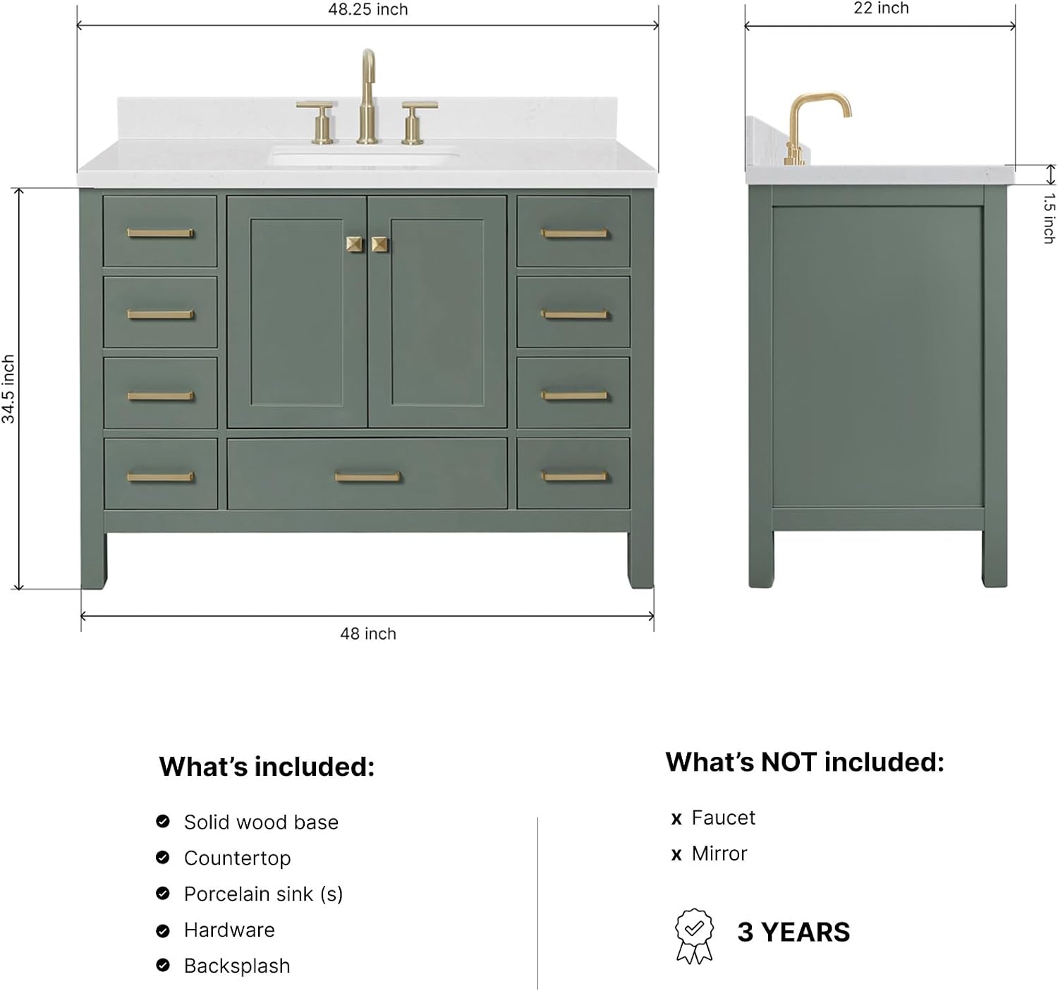 ARIEL Cambridge 48-inch Bathroom Vanity with Sink,Solid Wood, 1.5-inch Carrara White Quartz Countertop, Single Rectangular Porcelain Sink, 2 Soft Closing Doors, 9 Dovetail Drawers, Vintage Green