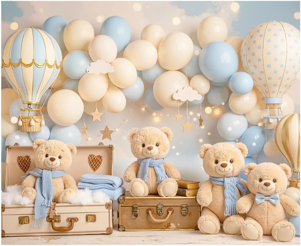 Kate 10x8ft Pastel Baby Shower Backdrop for Photography Teddy Bears Toy Hot Air Balloons Decoration Vintage Style Baby Photo Booth Background Decor