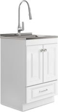 SIMPLIHOME Lawrence All-in-One 24 inch Wide Utility Sink and Laundry Cabinet in Pure White Finish, Transitional Stainless Steel Sink Cabinet for Laundry Rooms with High-Arch Brushed Nickel Faucet