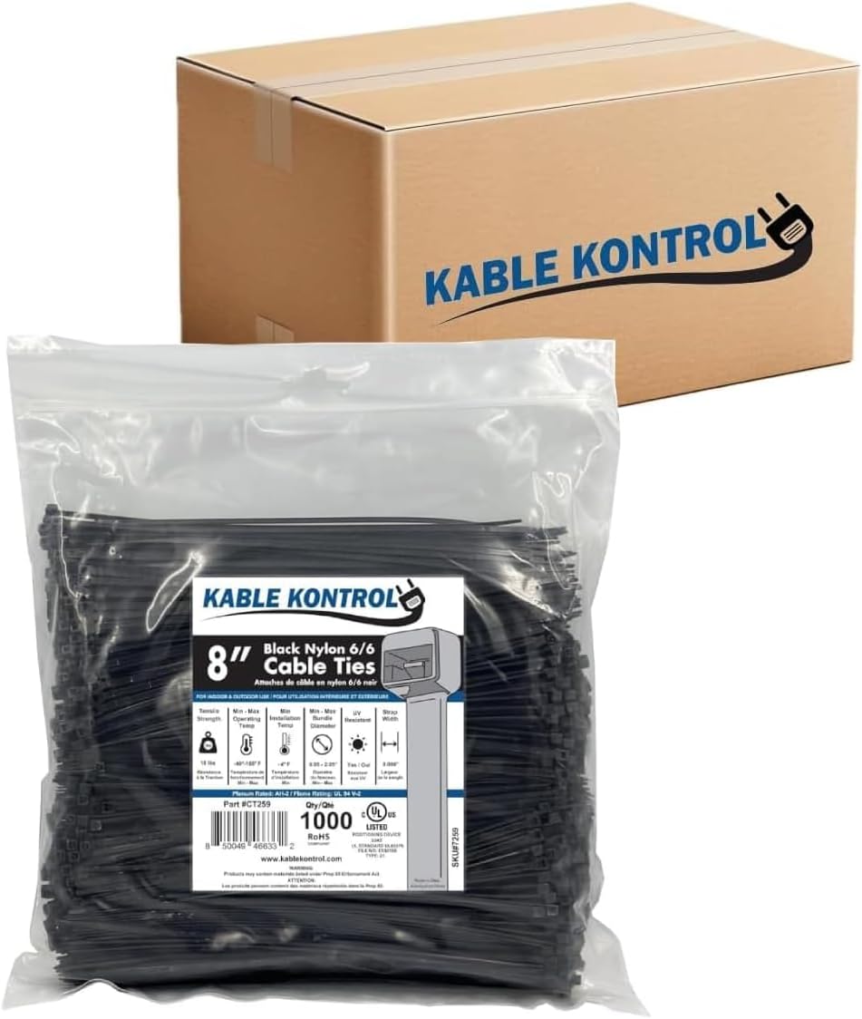 Kable Kontrol Cable Zip Ties Black 25,000 Pcs 8 Inch, 18 Lbs Tensile Strength, Bulk Pack, Self-locking UV Resistant Plastic Nylon Wire Ties, for Indoor or Outdoor Use