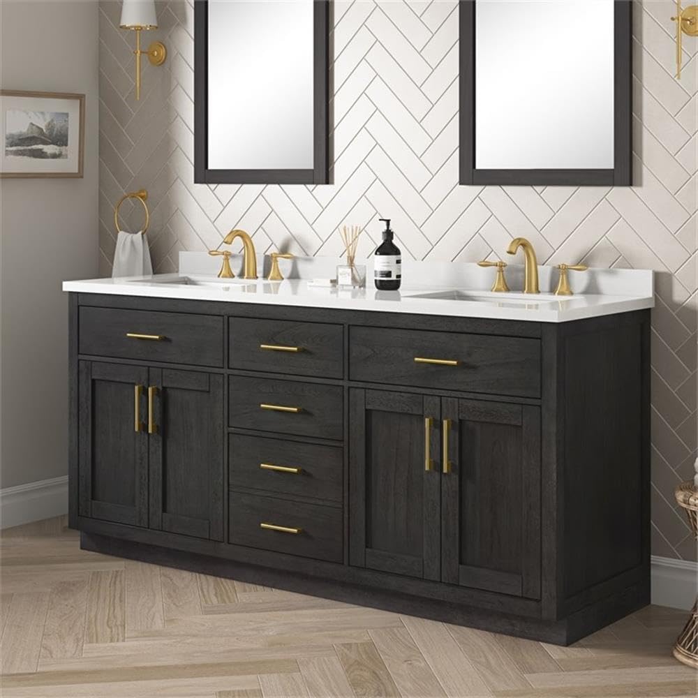 Pemberly Row 72' Double Bathroom Vanity, Matte Black Wood Finish, White Quartz Countertop with 2 Undermount Sinks, Soft-Close Storage, Shaker Style, Power Bar, Master or Guest Bathroom Use