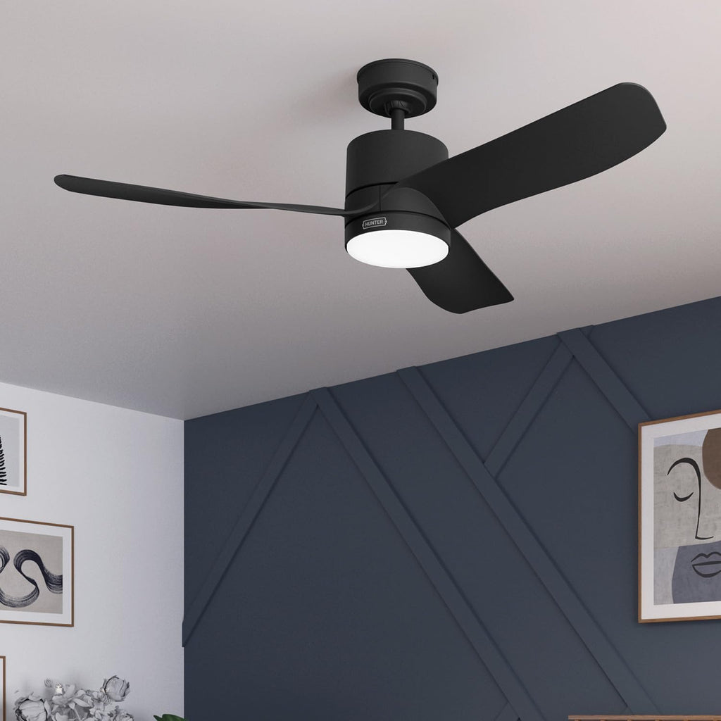 Hunter Fan 52 inch Indoor Ceiling Fan with LED Light, Matte Black Ceiling Fan with Remote, For Bedroom, Office, Kitchen, Living Room, 3 Blades (Renewed)