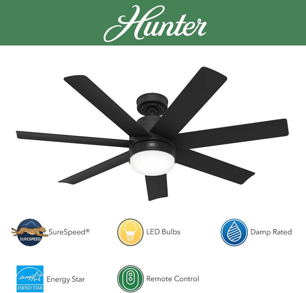 Hunter Fan 52 inch Indoor/Outdoor Matte Black Ceiling Fan with Light and Remote Control for Bedroom, Living Room, Dining Room, Kitchen, Office, Patio, CC5C15C35 (Renewed)