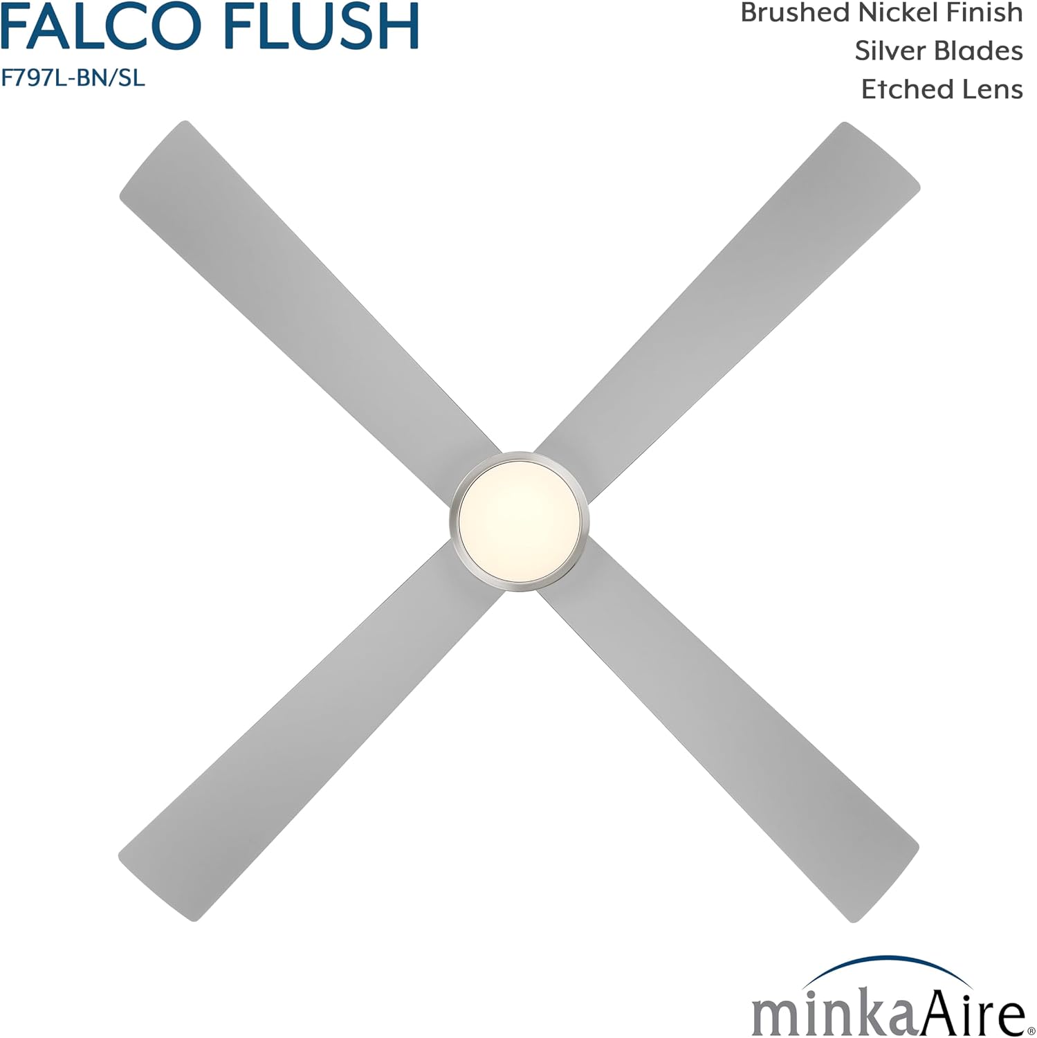 MINKA-AIRE F797L-BN/SL Falco 54' 4-Blade LED Flush Mount Ceiling Fan - Brushed Nickel and Silver Finish Blades with Etched Lens
