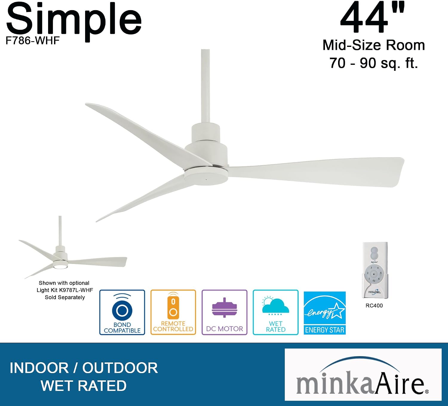 Minka Aire F786-SBR/WHF Simple - 44 Inch Ceiling Fan in Soft Brass with Flat White Blades