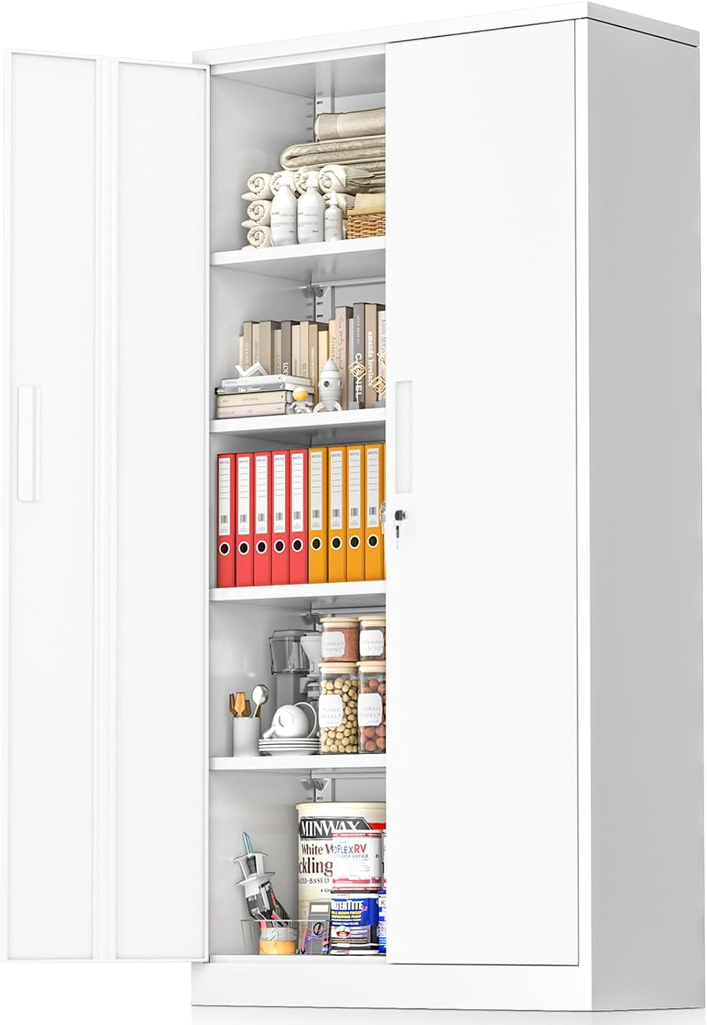 Greenvelly White Metal Storage Cabinet, 72' Steel Locking Cabinet with Doors and 4 Adjustable Shelves, Tall Tool Cabinets Lockable File Cabinet for Home Office, Metal Classroom Cabinet for Garage