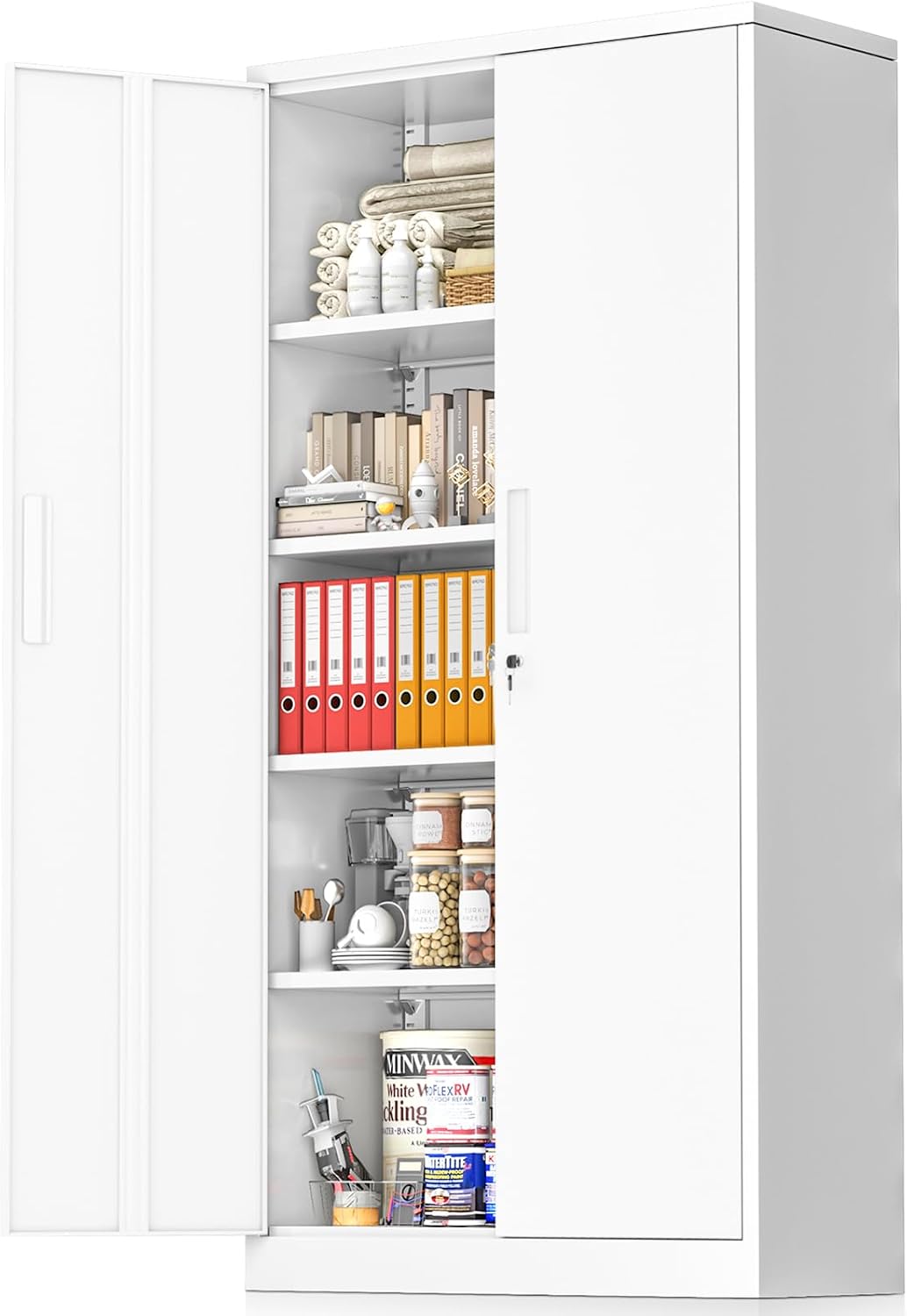 Greenvelly White Metal Storage Cabinet, 72' Steel Locking Cabinet with Doors and 4 Adjustable Shelves, Tall Tool Cabinets Lockable File Cabinet for Home Office, Metal Classroom Cabinet for Garage