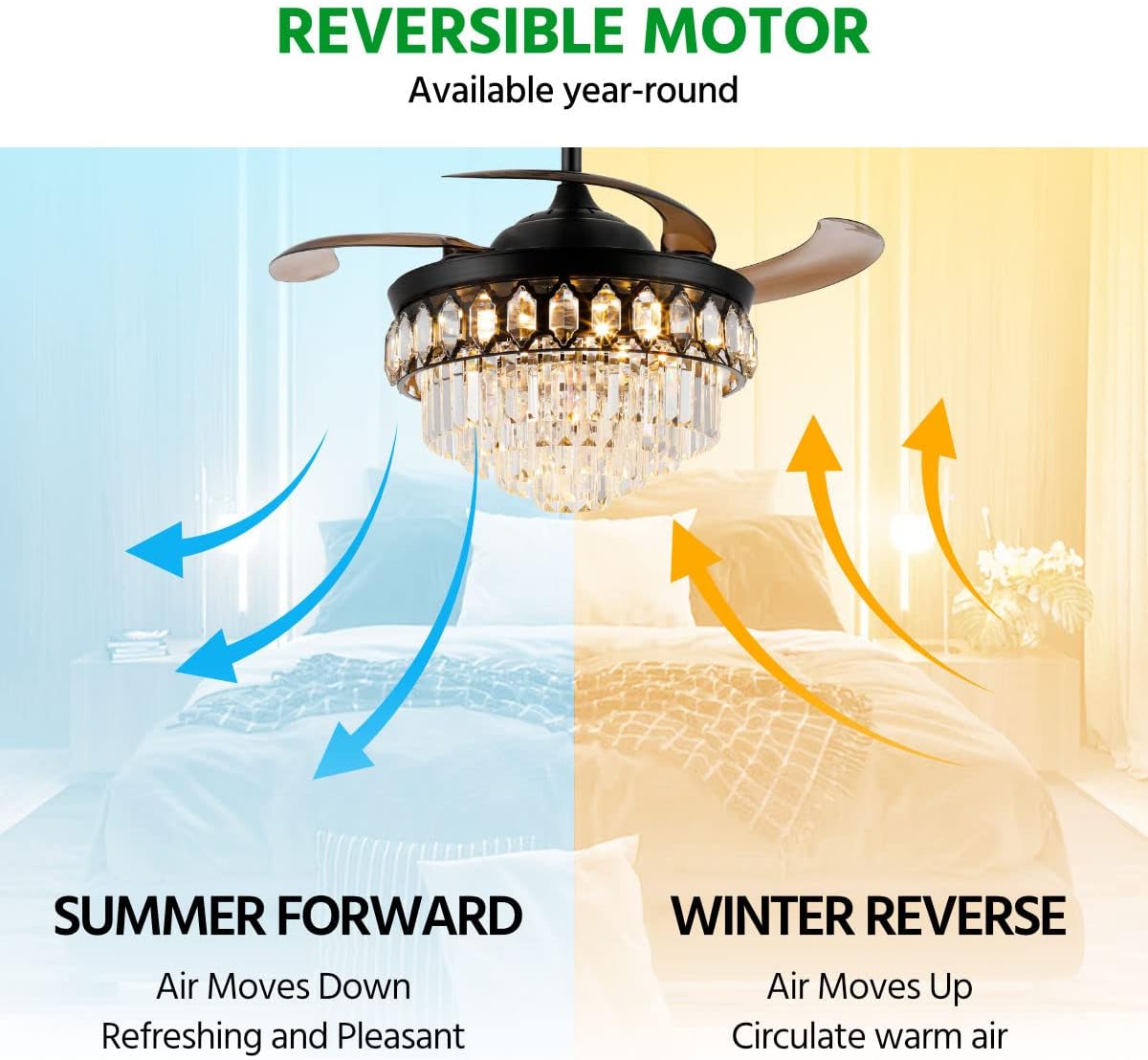 42 Inch Crystal Chandelier Ceiling Fan with Light Retractable Invisible Blade LED Lighting with Remote Control 6 Speed 3 Lighting Change Black Fandelier with Memory Function Black