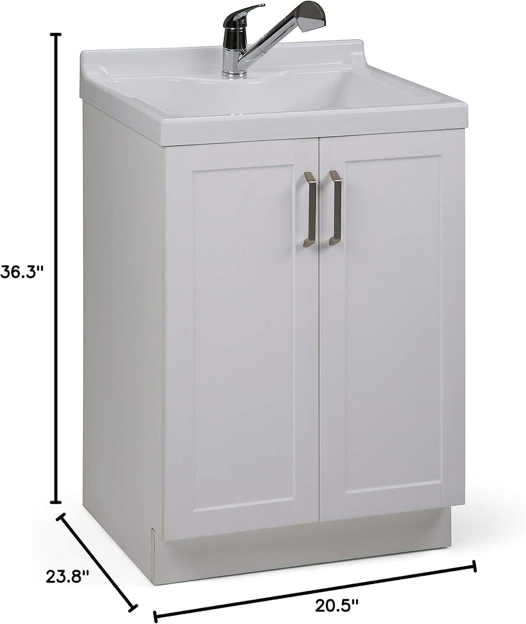 SIMPLIHOME Kyle All-in-One 24 inch Wide Utility Sink and Laundry Cabinet in Pure White Finish, Transitional ABS Sink Cabinet for Laundry Rooms with High-Arch Chrome Faucet and Pull-Out Spray