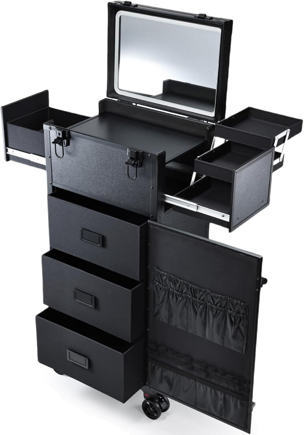 Rolling Makeup Case with LED mirror, Cosmetology Case on Wheels with Lighted Mirror, Professional Salon Trolley Cart with 3 Drawers,Travel Makeup Lockable Beauty Organizer with Live Stream Light