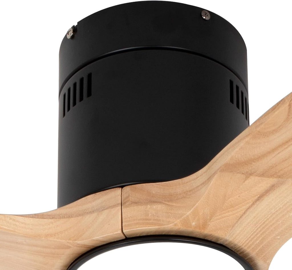 Wood Flush Mount Ceiling Fan with Light,52 inch Low Profile Modern Ceiling Fans for Outdoor/Patios/Bedroom/Office,3 color light,6 Speed,DC Motor,Wood and Modern Matte Black