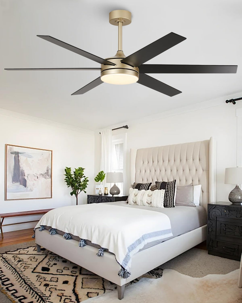 60 Inch Modern Ceiling Fan, Gold Ceiling Fan with Lights and Remote App Control, 6 Reversible Blades, Dimmable, 3CCT, App Control, 6 Speeds, Quiet Large Ceiling Fan for Bedroom Living Room