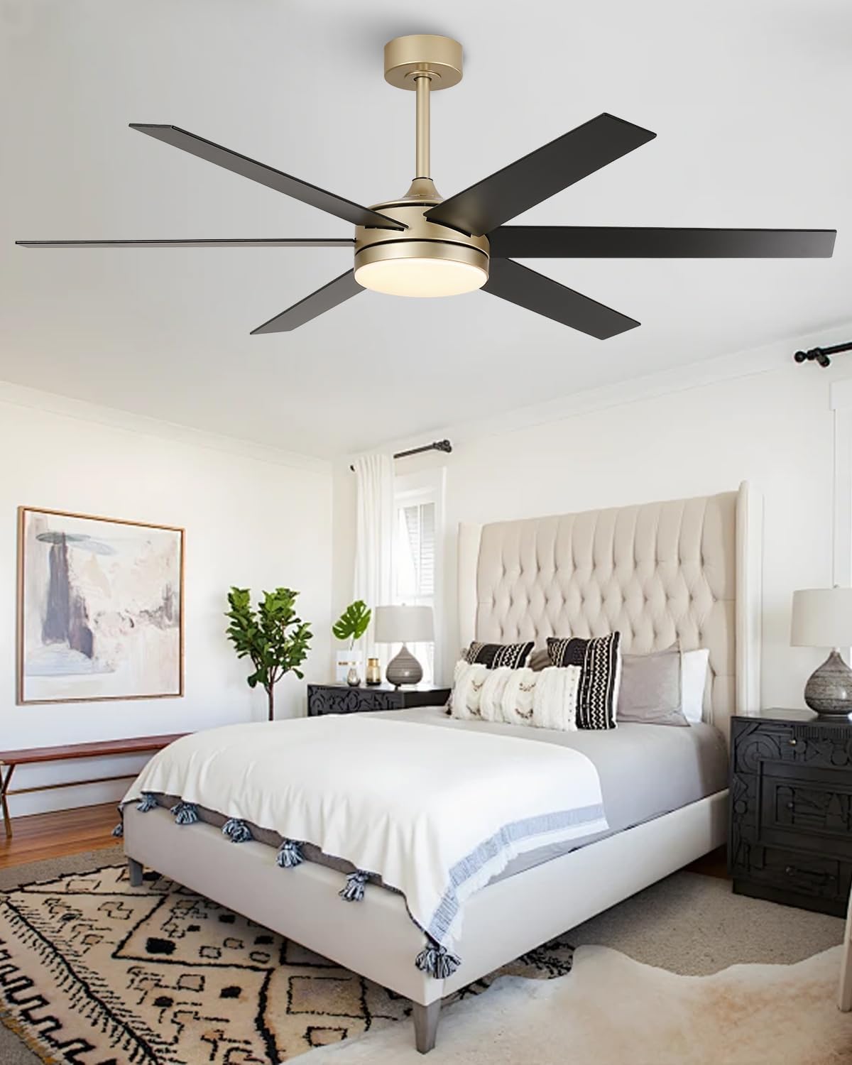 60 Inch Modern Ceiling Fan, Gold Ceiling Fan with Lights and Remote App Control, 6 Reversible Blades, Dimmable, 3CCT, App Control, 6 Speeds, Quiet Large Ceiling Fan for Bedroom Living Room