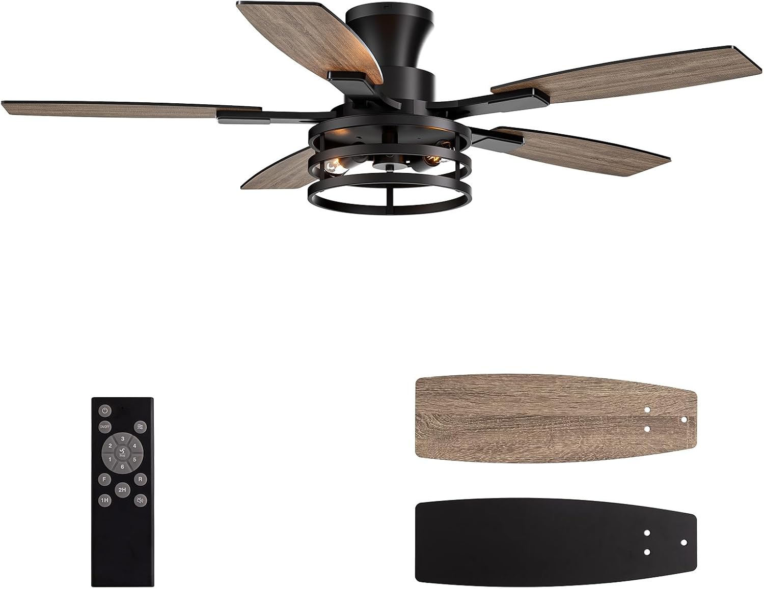 LuminFan 50 Inch Flush Mount Ceiling Fans with Lights and Remote Control, Low Profile Farmhouse Ceiling Fan for Bedroom Living Room and Patio, Black Caged Ceiling Fan for Indoor and Outdoor