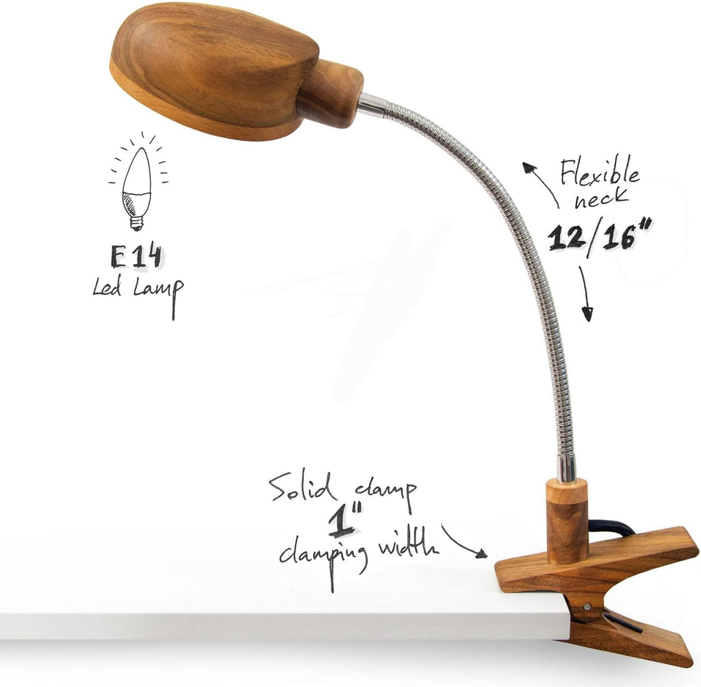 Wooden Clamp Table Lamp - Led Wood Desk Modern Lamps for Reading. Vintage Unique Bedside Clip Light for Living Room, Bedroom, Office. Mid-Century Scandinavian Design.