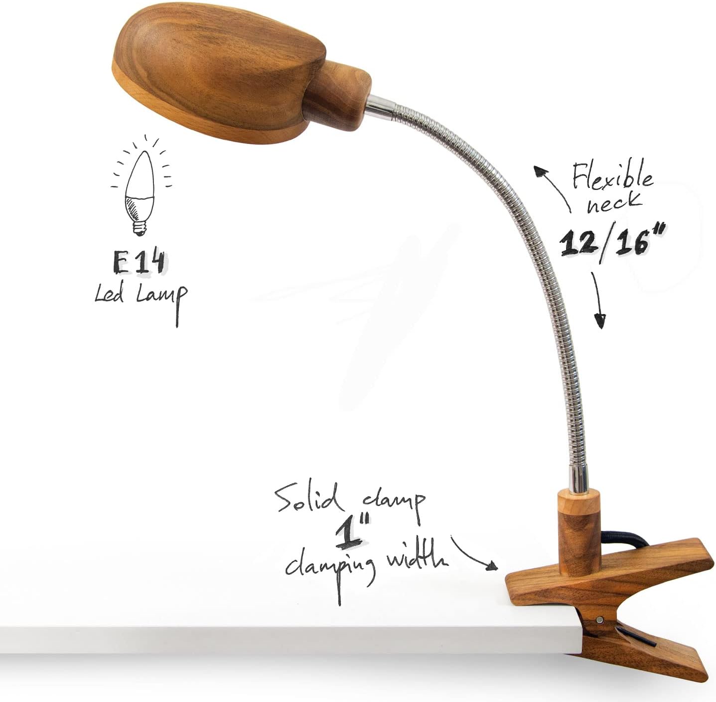 Wooden Clamp Table Lamp - Led Wood Desk Modern Lamps for Reading. Vintage Unique Bedside Clip Light for Living Room, Bedroom, Office. Mid-Century Scandinavian Design.