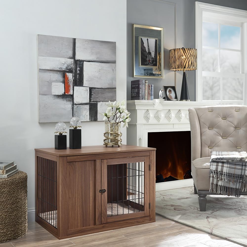 unipaws 36 Inch Furniture Style Dog Crate for Medium Dogs, Indoor Puppy Kennel with Door, Modern Decorative Wood Wire Pet Cage, Pretty Cute End Side Table Nightstand, Walnut