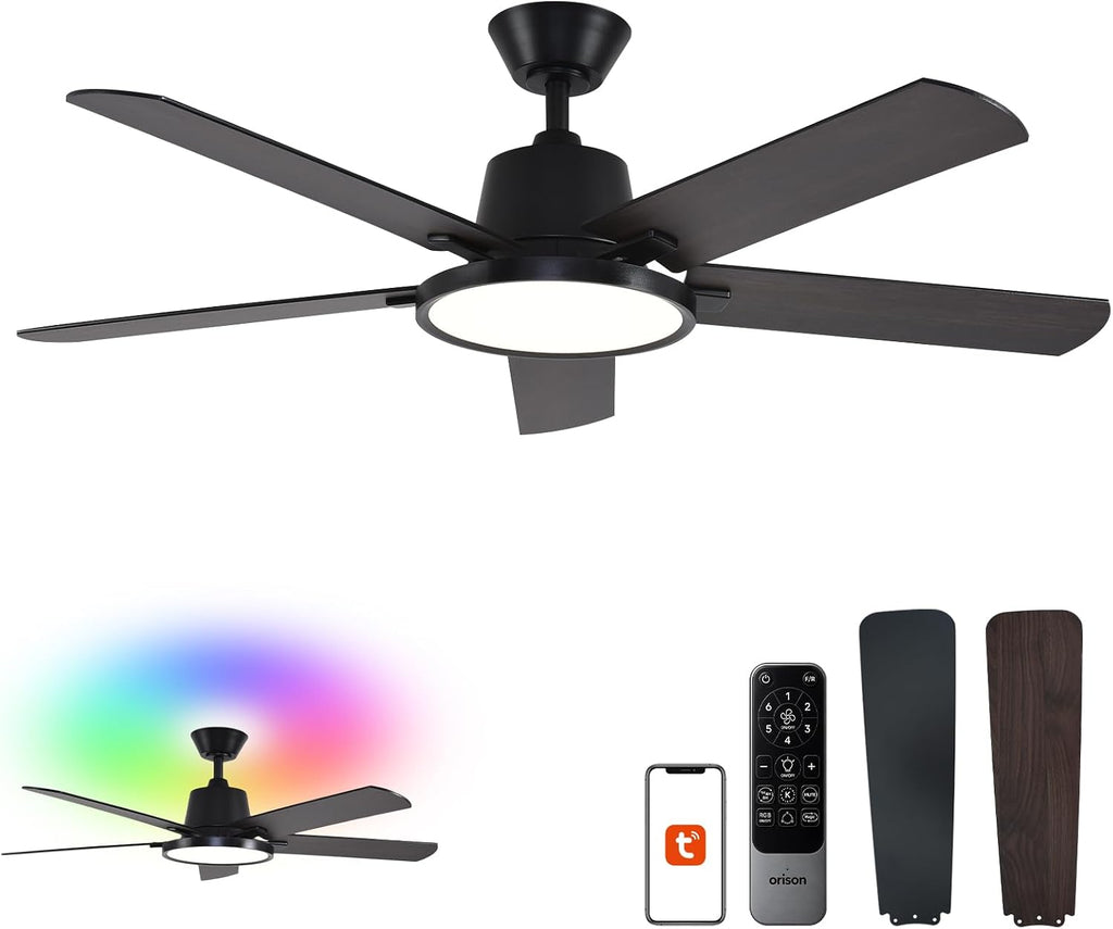 Orison Ceiling Fans with Lights, 52 inch Low Profile Ceiling Fan with RGB Backlight, Flush Mount Ceiling Fan with Remote and App Control,White Bedroom Fan, 6 Speeds, 5 Reversible Blades (Black RGB)