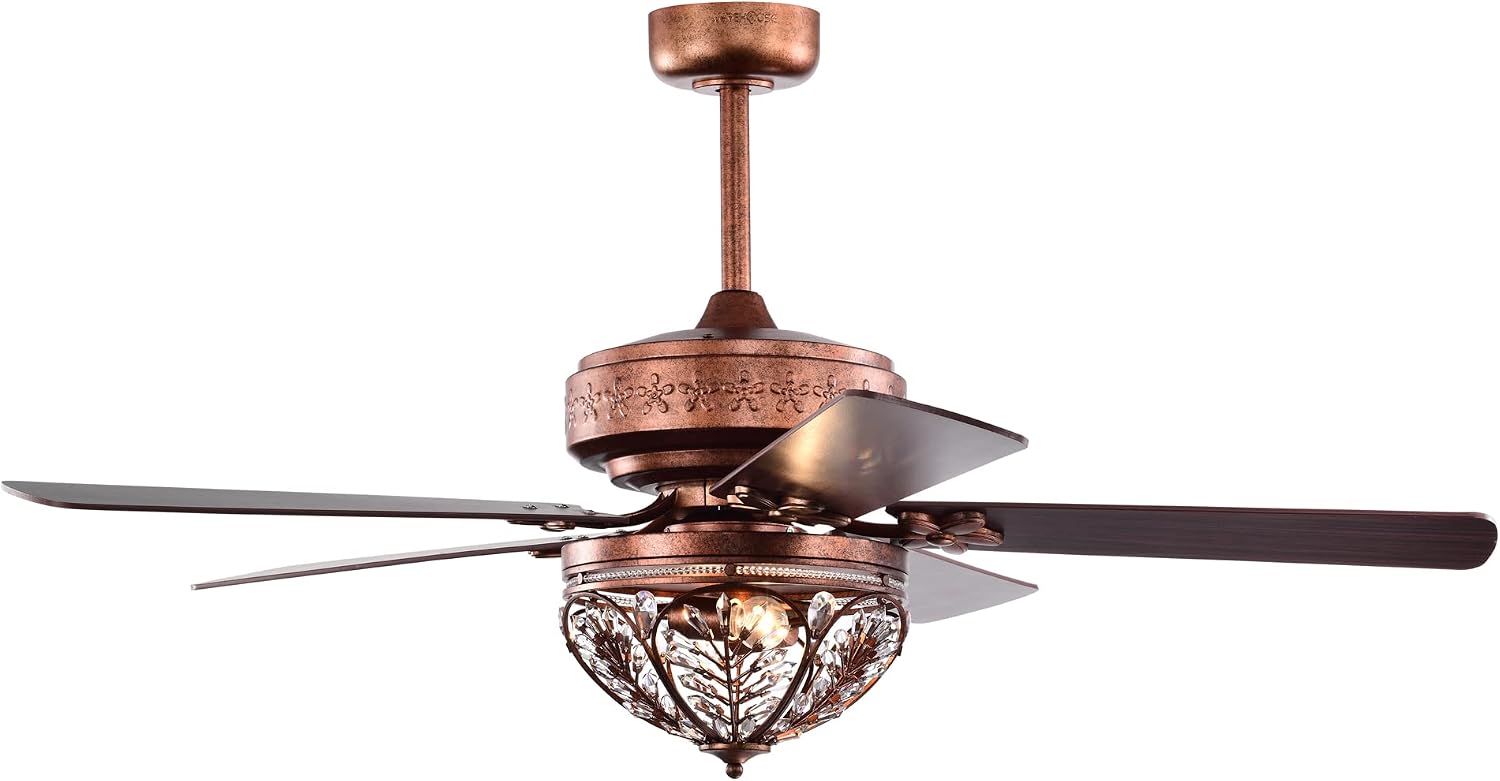 Warehouse of Tiffany Jacira 52 Inch Antique Copper Crystal Ceiling Fan with Remote, Large (AW01W01AC), Metallic