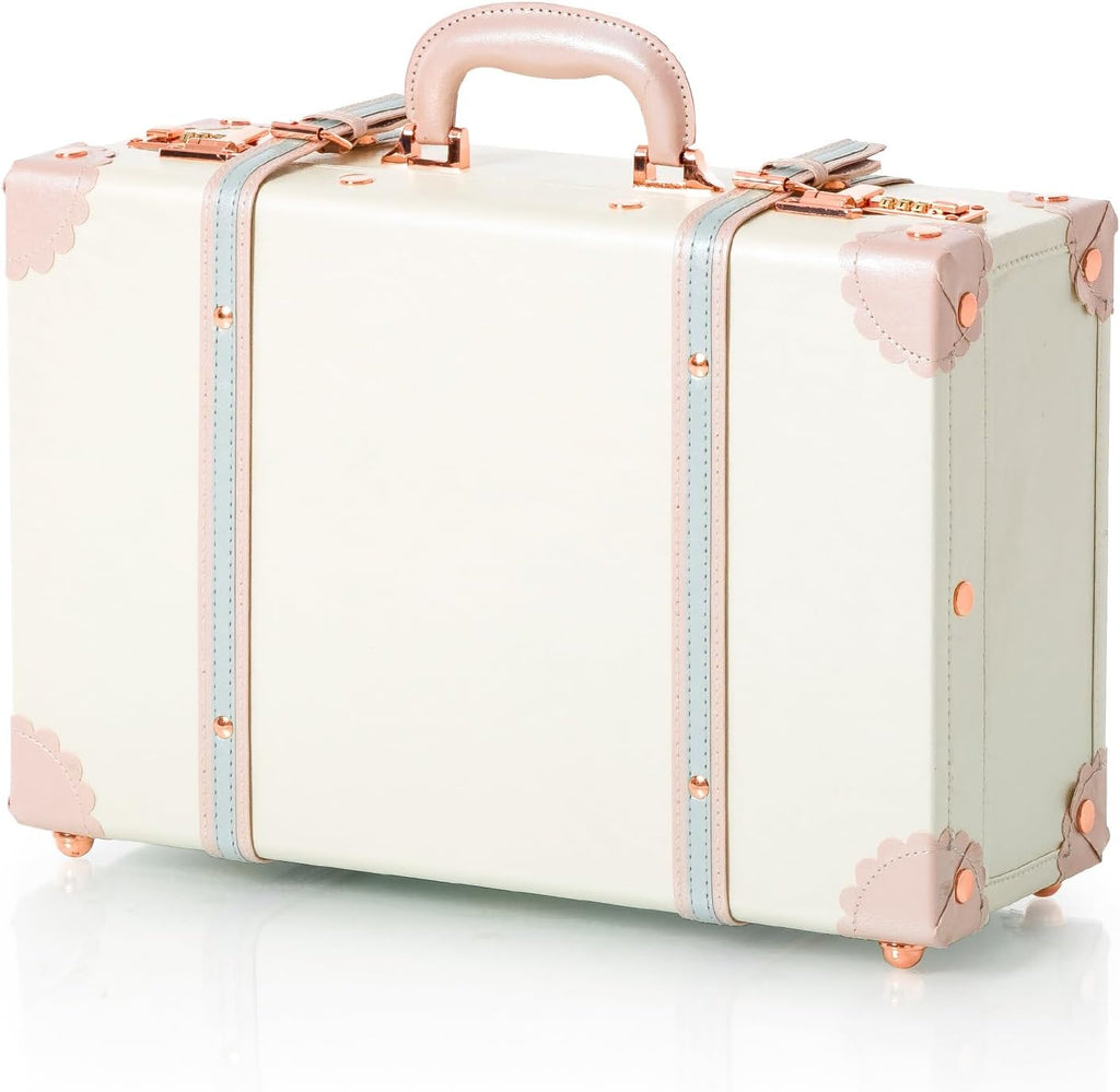 COTRUNKAGE 18' Carry On Suitcase Cute Pu Overnight Vintage Trunk Luggage Bag for Women with Combination Locks, Cream White
