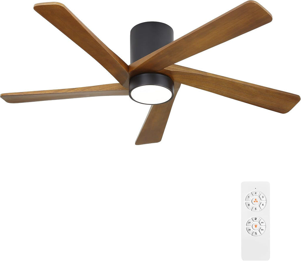 WINGBO 48 Inch Flush Mount DC Ceiling Fan with Lights and Remote, 5 Reversible Carved Wood Blades, 6-Speed Noiseless DC Motor, Hugger Ceiling Fan in Matte Black Finish with Walnut Blades, ETL Listed