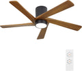 WINGBO 48 Inch Flush Mount DC Ceiling Fan with Lights and Remote, 5 Reversible Carved Wood Blades, 6-Speed Noiseless DC Motor, Hugger Ceiling Fan in Matte Black Finish with Walnut Blades, ETL Listed