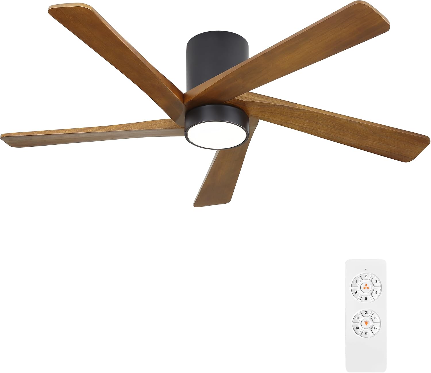 WINGBO 48 Inch Flush Mount DC Ceiling Fan with Lights and Remote, 5 Reversible Carved Wood Blades, 6-Speed Noiseless DC Motor, Hugger Ceiling Fan in Matte Black Finish with Walnut Blades, ETL Listed