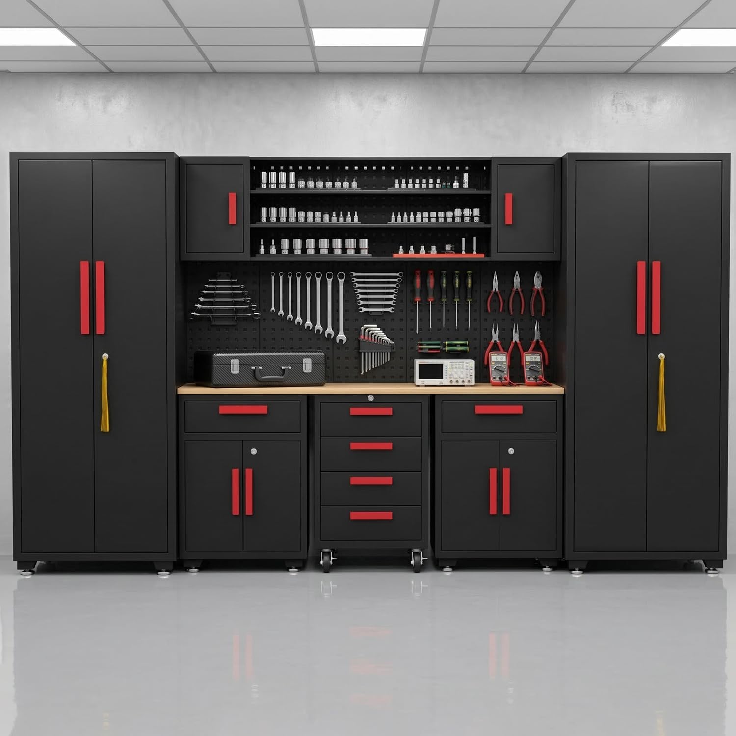 Garage Storage Cabinet System, 9-Pcs Workshop Cabinet Set in Black, Included Steel Cabinets Drawers Rolling Chest and Pegboard,Locked Garage Storage Cabinet,Red Handle
