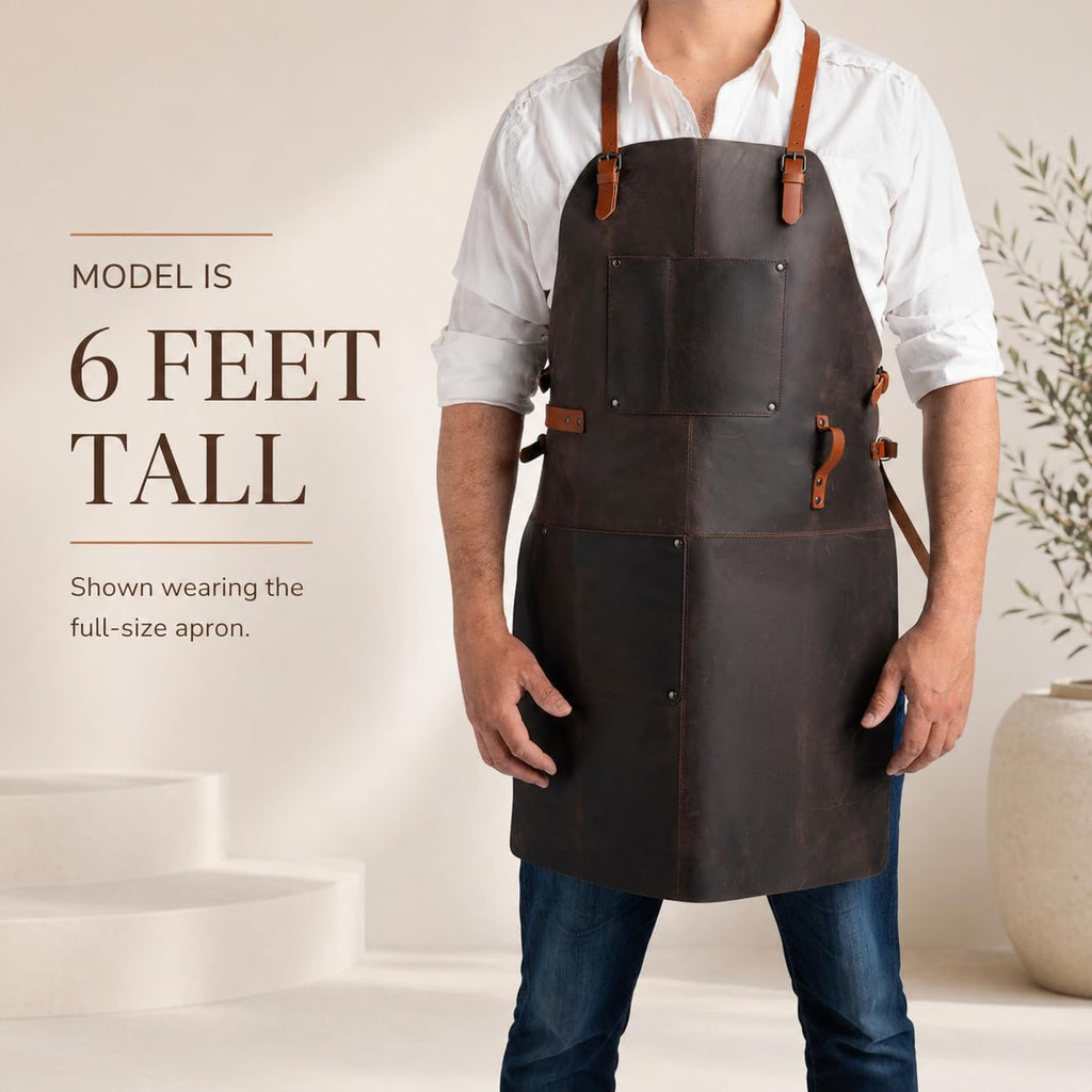 Theodore Premium Top Grain Leather Apron with Cross‑Back for Men & Women – 32.5″ × 24.5″ Heavy‑Duty BBQ, Cooking, Woodworking Apron with Two Large Tool Pockets