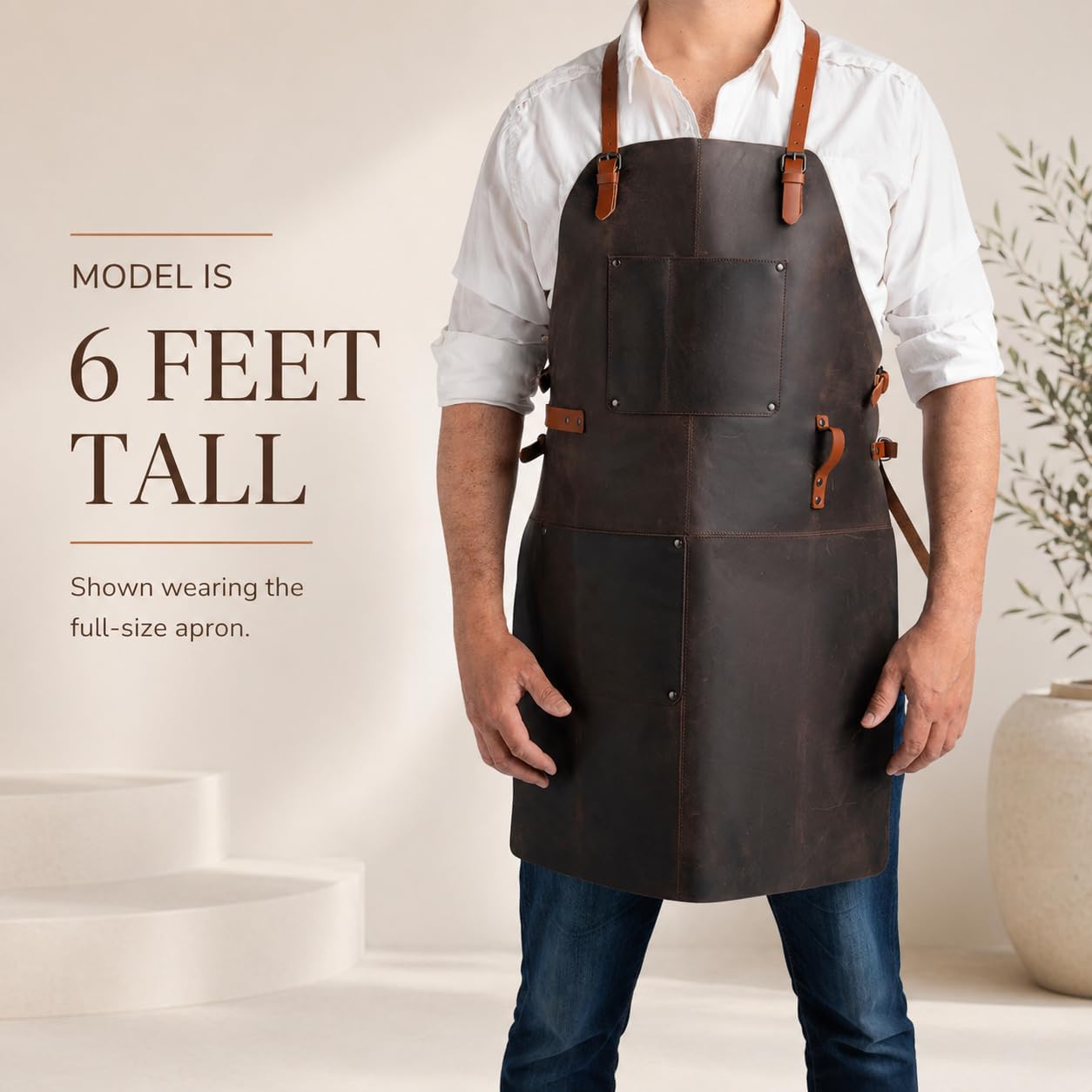 Theodore Premium Top Grain Leather Apron with Cross‑Back for Men & Women – 32.5″ × 24.5″ Heavy‑Duty BBQ, Cooking, Woodworking Apron with Two Large Tool Pockets