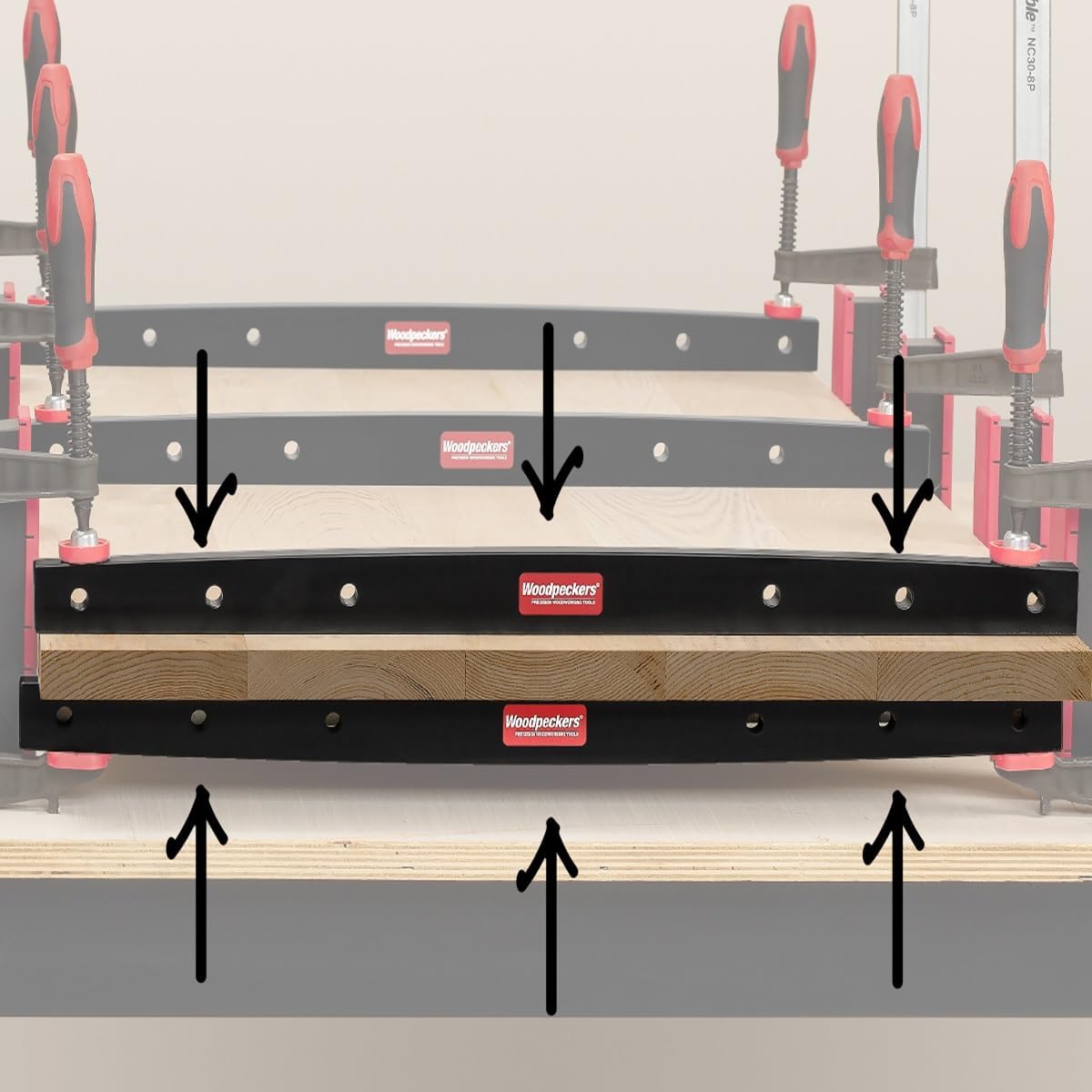 Woodpeckers Phenolic Clamping Cauls, 2-Pack, 36 Inch Panel Clamps, Cambered Design Delivers Even Pressure for Flat Panel Glue-Ups, Shop-Grade Durability - CAUL36X2-23