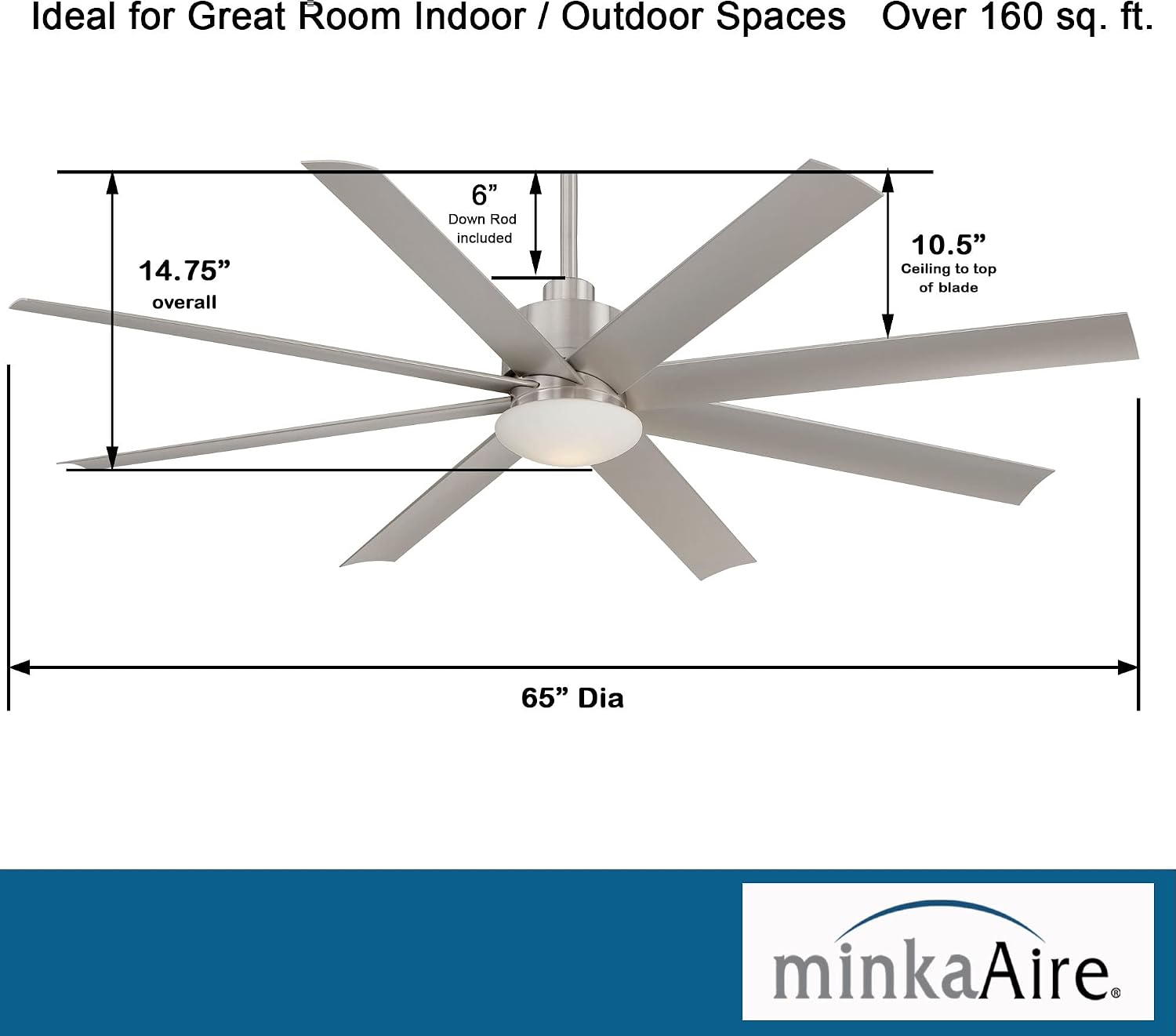 MINKA-AIRE F888L-BNW Slipstream 65 Inch Outdoor Ceiling Fan with Dimmable LED Light and DC Motor in Brushed Nickel Wet Finish
