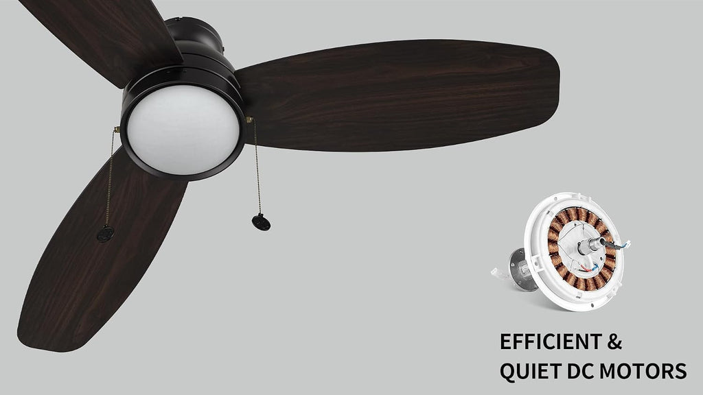 SMAAIR 48 Inch Indoor Ceiling Fans with Pull Chain, Modern Ceiling Fans with LED Lights, Dimmable, 3-Peed Quiet DC Motors, 3 Blades for Bedroom, Reversible, Wooden/Walnut