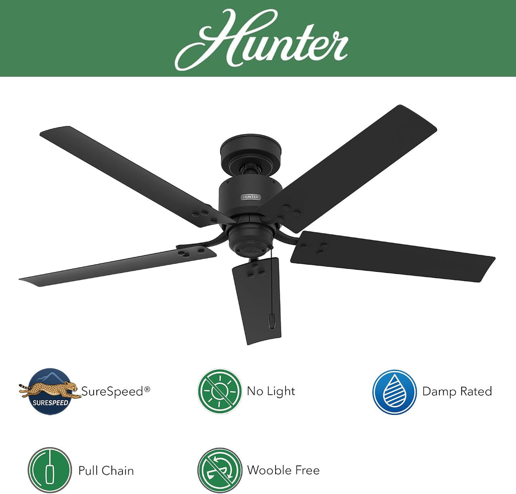 Hunter Fan 52 inch Casual Matte Black Indoor/Outdoor Ceiling Fan with 5 Blades and Pull Chain (Renewed)