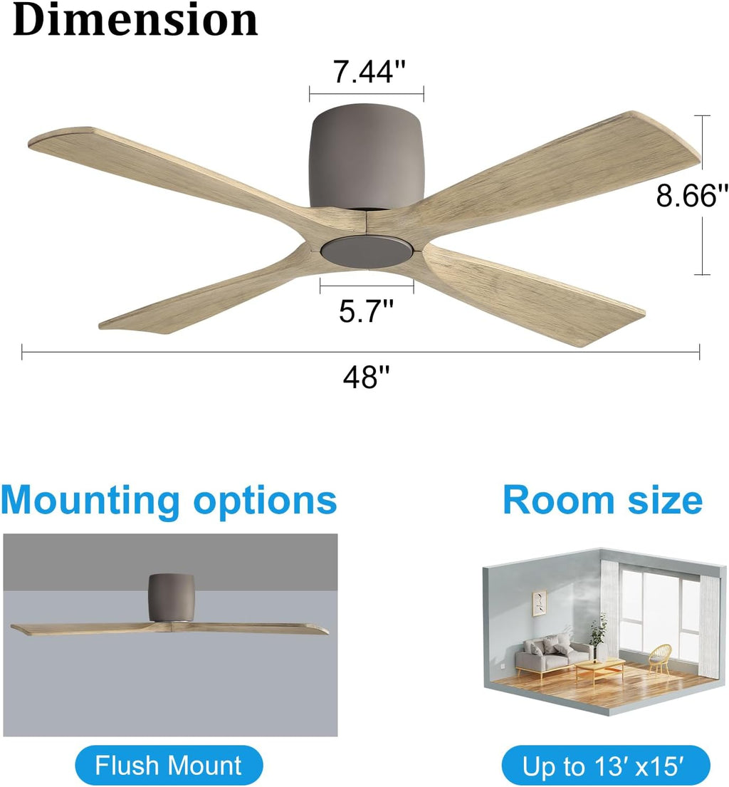 WINGBO 48 Inch Ceiling Fan Without Light, Solid Wood Flush Mount Ceiling Fan with Remote Control, Reversible Quiet DC Motor, 4 Blades,6-Speed, for Bedroom & Living Room, Graphite Finish +Gray Blade