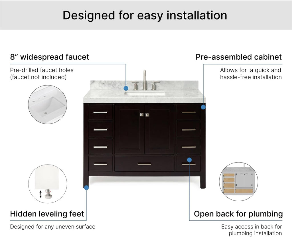 ARIEL Cambridge 48-inch Bathroom Vanity with Sink,Solid Wood, 2-inch Italian Carrara Marble Countertop, Single Rectangular Porcelain Sink, 2 Soft Closing Doors, 9 Dovetail Drawers, Espresso