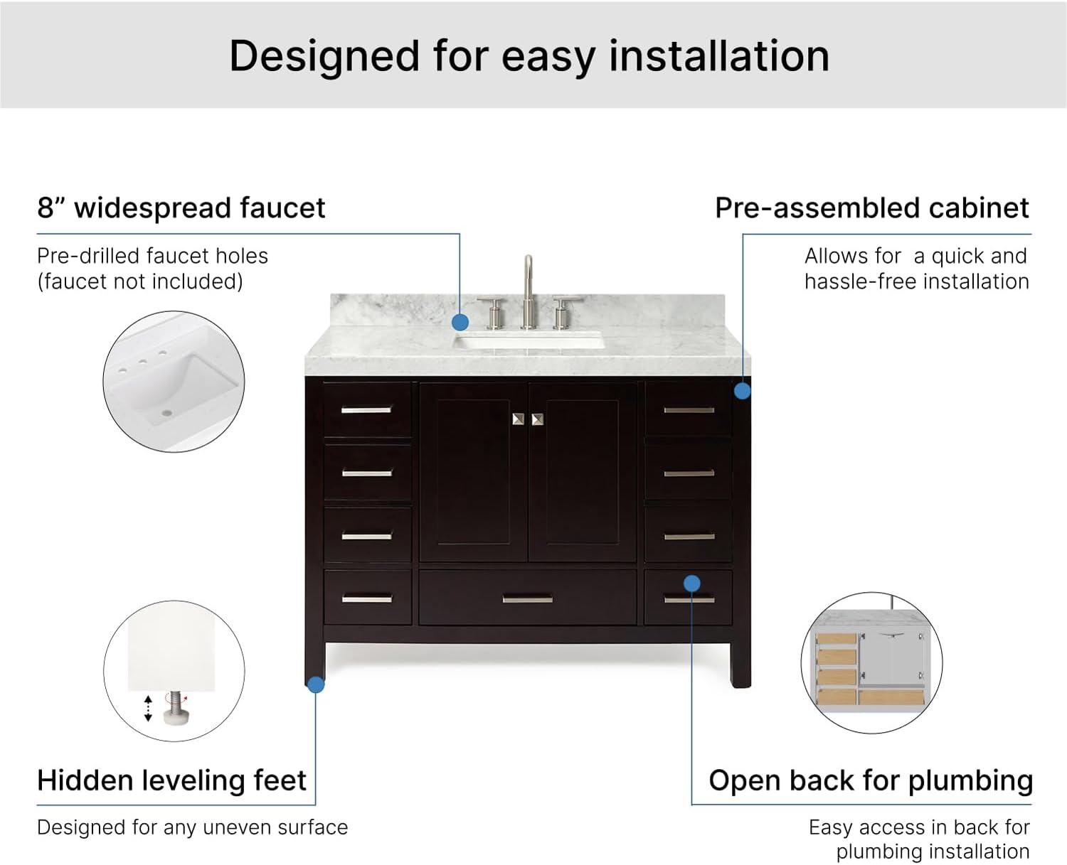 ARIEL Cambridge 48-inch Bathroom Vanity with Sink,Solid Wood, 2-inch Italian Carrara Marble Countertop, Single Rectangular Porcelain Sink, 2 Soft Closing Doors, 9 Dovetail Drawers, Espresso