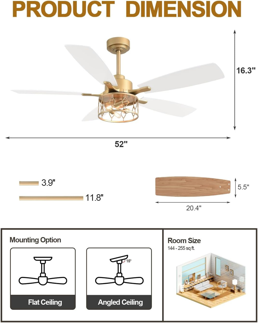 52 Inch Modern Ceiling Fan with Light White and Gold Ceiling Fan Quiet and Reversible DC Motor Chandelier Fan for Living Room Bedroom Patio