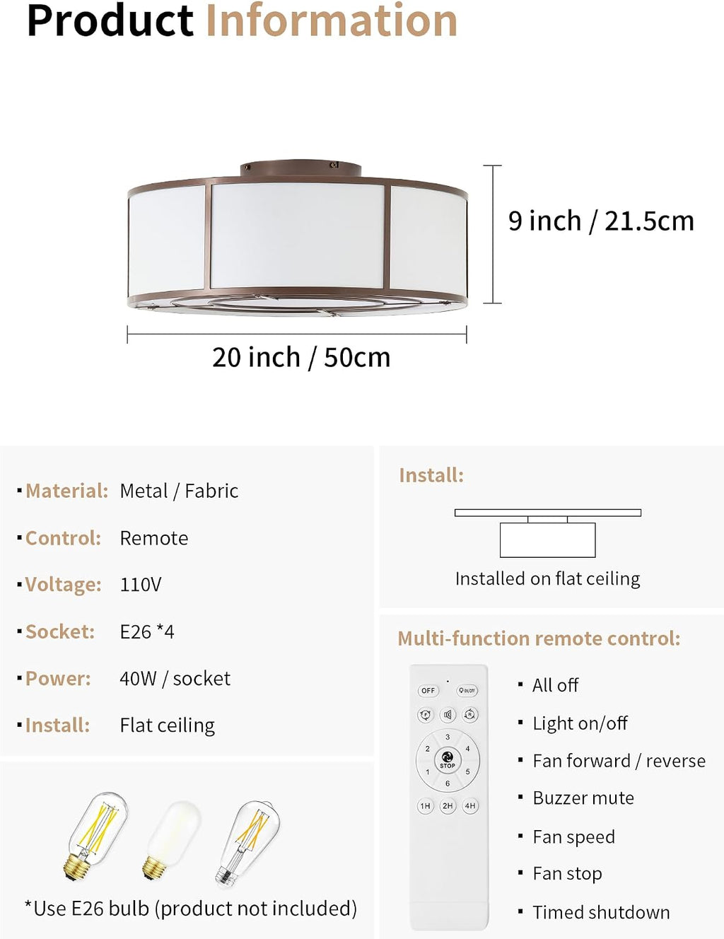 Caged Ceiling Fans with Lights Flush Mount, Low Profile Ceiling Fan with Lights Remote Control, 20'' Modern Bladeless 6 Speeds for Bedroom, Nursery, Kitchen, Brown