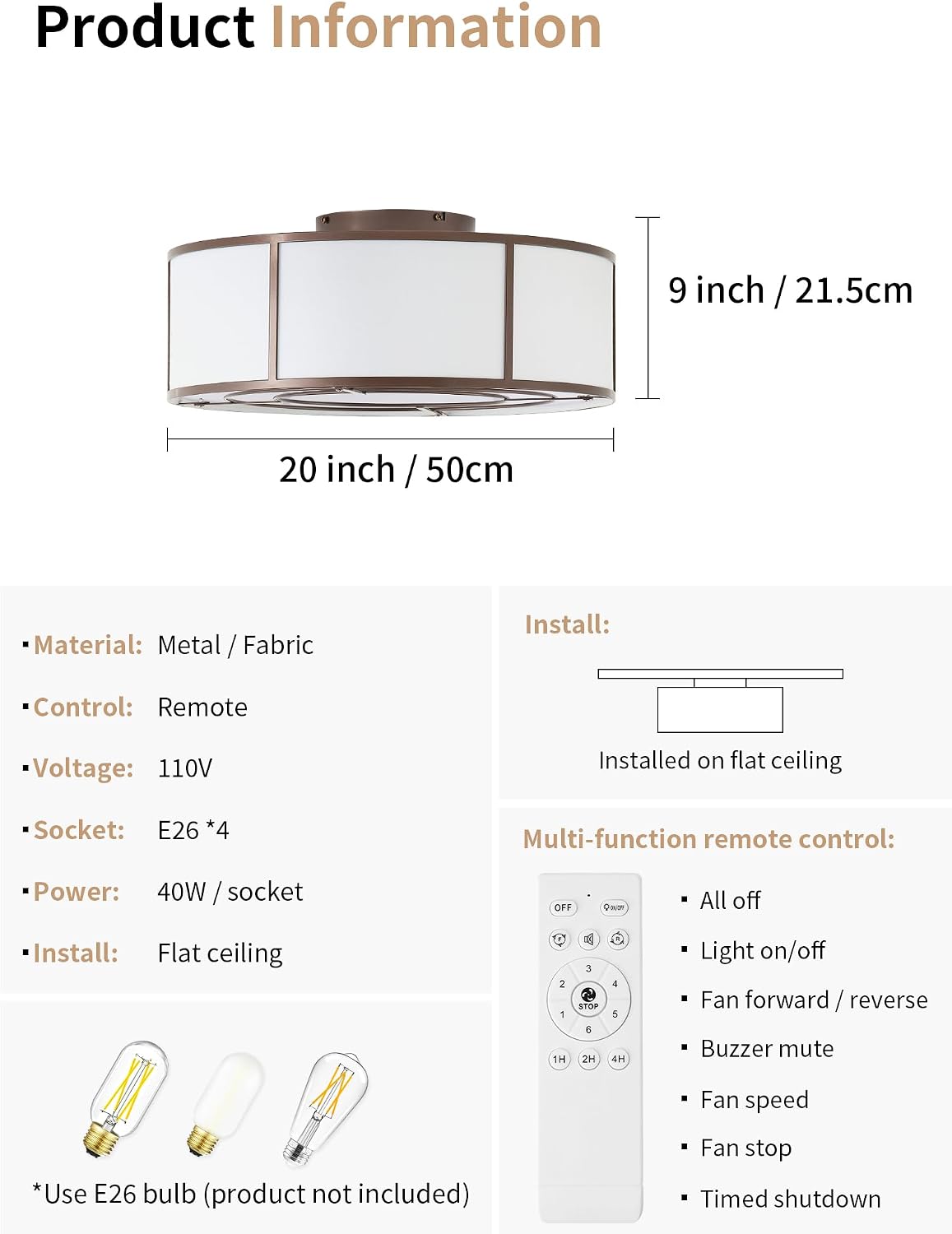 Caged Ceiling Fans with Lights Flush Mount, Low Profile Ceiling Fan with Lights Remote Control, 20'' Modern Bladeless 6 Speeds for Bedroom, Nursery, Kitchen, Brown