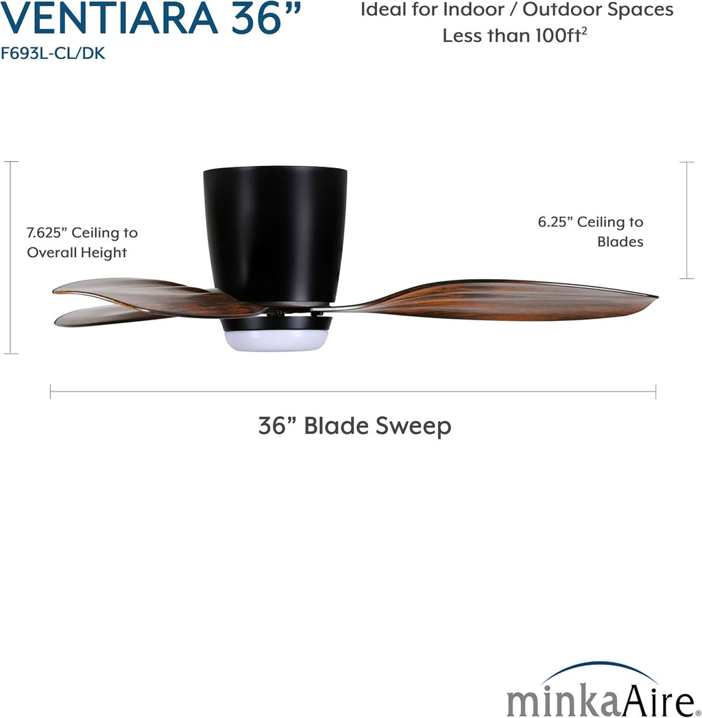 MINKA-AIRE F693L-CL/DK Ventiara 36' 3-Blade LED Flush Mount Indoor/Outdoor Ceiling Fan in Coal Black and Distressed Koa Finish Blades with Etched Lens