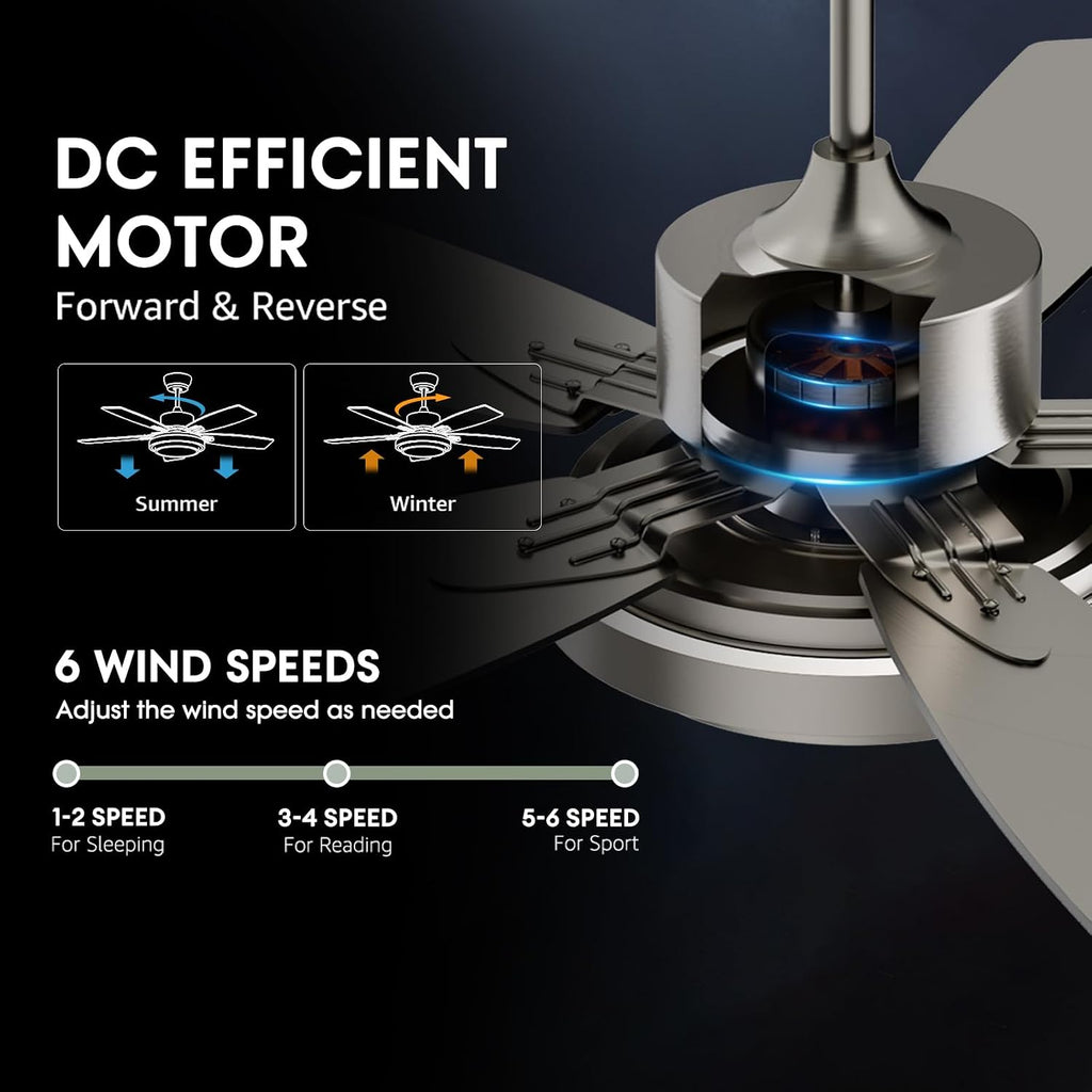 52 Inch Nickel Ceiling Fans with Lights and Remote Control for Bedroom, Modern Ceiling Fan with Quiet Reversible DC Motor, 3CCT, Dimmable, LED for Living Room, Patio, Indoor and Outdoor